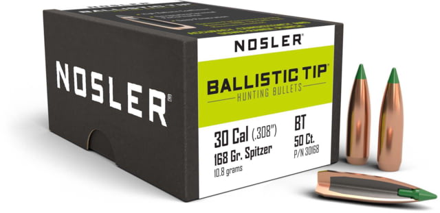 Nosler 30168 Ballistic Tip Hunting 30 Caliber .308 168 GR Spitzer 50 Box by USA Nosler Reloading Bullets & Shot