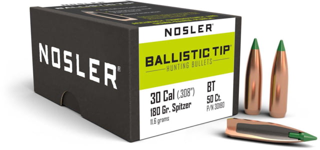 Nosler 30180 Ballistic Tip Hunting 30 Caliber .308 180 GR Spitzer 50 Box by USA Nosler Reloading Bullets & Shot