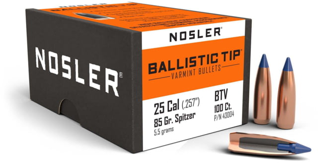 Nosler 43004 Ballistic Tip Varmint 25 Caliber .257 85 GR Spitzer Point 100 Box by USA Nosler Reloading Bullets & Shot