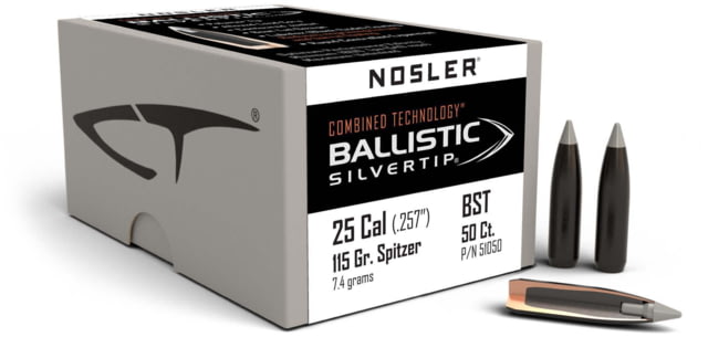 Nosler 51050 Ballistic Silvertip 25 Caliber .257 115 GR Spitzer Point 50 Box by USA Nosler Reloading Bullets & Shot