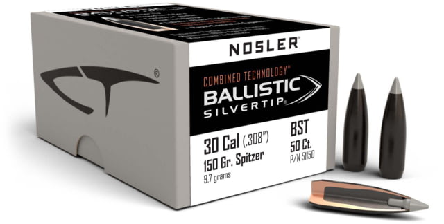 Nosler 51150 Ballistic Silvertip 30 Caliber .308 150 GR Spitzer 50 Box by USA Nosler Reloading Bullets & Shot