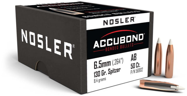 Nosler 56902 AccuBond 6.5mm .264 130 GR Spitzer Point 50 Box by USA Nosler Reloading Bullets & Shot