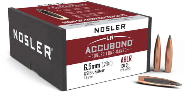 Nosler 58943 AccuBond Long Range 6.5mm .264 129 GR Spitzer Point 100 Box by USA Nosler Reloading Bullets & Shot