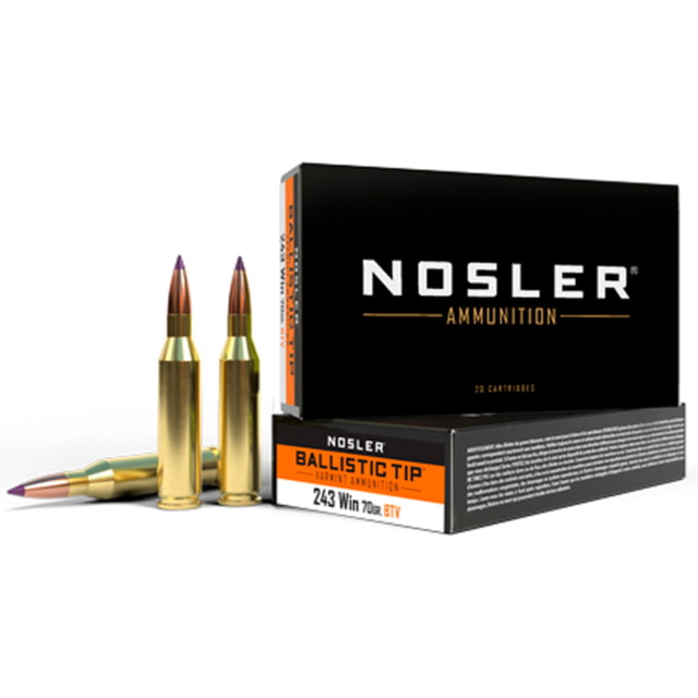 Nosler Ballistic Tip .243 Winchester 70 Grain Spitzer Brass Cased Centerfire Rifle Ammo 20 Rounds ler Ballistic Tip .243 Winchester 70 Grain Spitzer Brass Cased Centerfire Rifle 20 Rounds Ammo