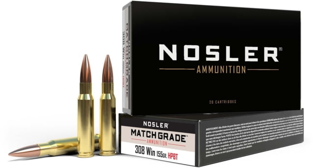 Nosler Match Grade .308 Winchester 155 Grain Custom Competition Brass Cased Centerfire Rifle Ammo, 20 Rounds, 60052