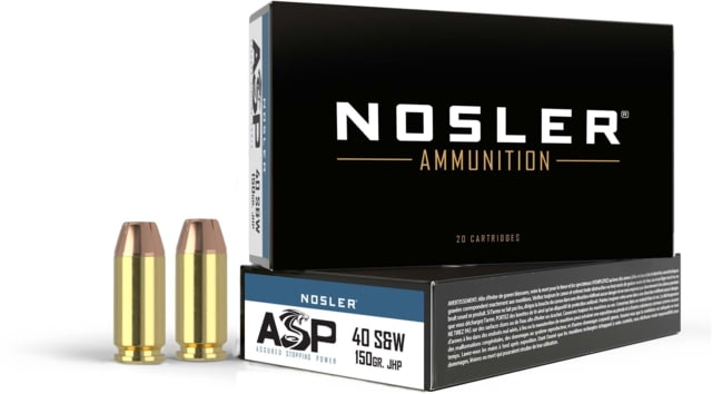 Nosler ASP .40 S&W 150 Grain Jacketed Hollow Point Brass Cased Cased Pistol Ammo 50 Rounds ler ASP .40 S&W 150 Grain Jacketed Hollow Point Brass Cased Cased Pistol 50 Rounds Ammo