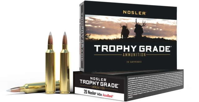ler Trophy Grade .26 Nosler 140 Grain AccuBond Brass Cased Centerfire Rifle 20 Rounds Ammo