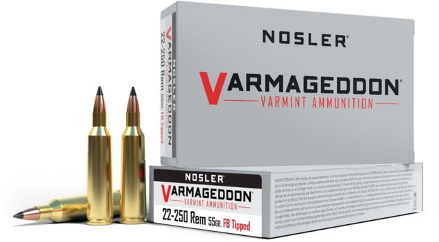 Nosler Varmageddon .22-250 Remington 55 Grain Flat Base Tipped Brass Cased Centerfire Rifle Ammo 20 Rounds ler Varmageddon .22-250 Remington 55 Grain Flat Base Tipped Brass Cased Centerfire Rifle 20 Rounds Ammo