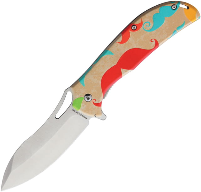 Novelty Cutlery Mustache Linerlock A/O Folding Knife 3.5" satin finish stainless blade Tan synthetic handle NV328 / - Novelty Cutlery