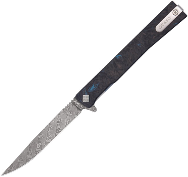 Ocaso Knives Solstice Folding Knife by Andrew Demko 3.5in Damascus Steel Blade Dark Blue Matter Fat Carbon Carbon Fiber Handle - Ocaso Knives