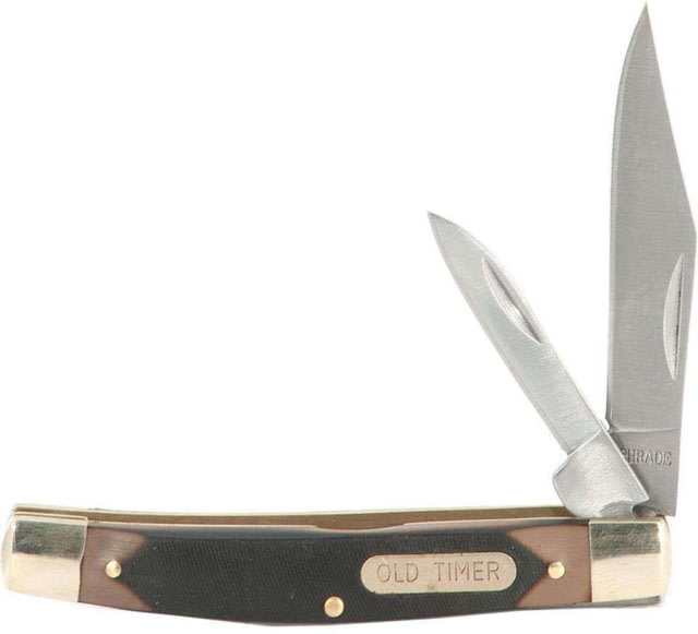 Old Timer Middleman Jack Folding Knife 2.5in/1.70in 7Cr17 Stainless Steel Blade Clip/Sheepsfoot/Pen Plain Blade Black/Tan Sawcut Bone Handle