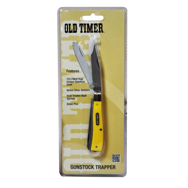 Old Timer Old Timer Trapper Yellow Folding Knife 3.75in Closed Satin 7Cr17MoV Stainless Clip/Spey Blades Yellow Delrin Handle - Old Timer