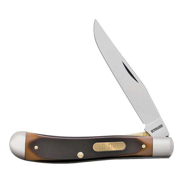 Old Timer Gunstock Trapper Lockblade Folding Pocket Knife 3.1in SS Clip Point Blade Brown Sawcut Handle