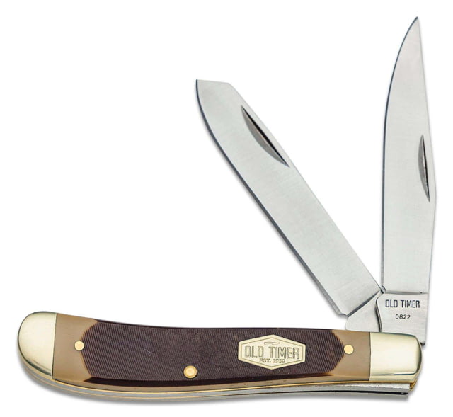 Old Timer Gunstock Trapper 2-Blade Lockblade Folding Pocket Knife 3.1in SS Clip Point/Spey Blade Brown Sawcut Handle - Old Timer