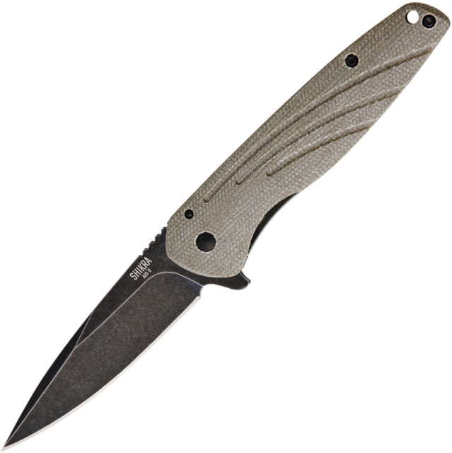 Ontario Knife Shikra Framelock Micarta Folding Knife 3.25" black stonewash finish AUS-8 stainless blade Natural canvas micarta handle with black - Ontario Knife