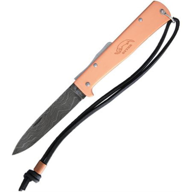 OTTER-Messer Mercator Copper Dam Lockback Folding Pocket Folding Knife 3.5in Damascus Steel Drop Point Copper Handle Bail Leather Lanyard - Otter-Messer