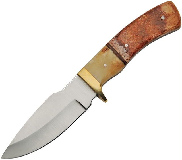 Pakistan 8.13in Fixed Blade Knife 8.13in overall 4in Satin SS Drop Point Brass guard Burnt finish bone - Pakistan