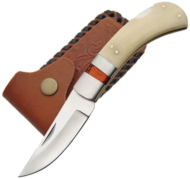 Pakistan  Single Bolster Lockback Pocket Knife 4in closed 3in Satin SS Drop Point White smooth bone - Pakistan