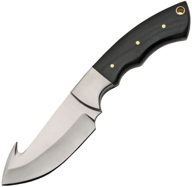 Pakistan  7.5in Guthook Knife 7.5in Overall 3.25in Satin SS Guthook Blade Finger Grooved Buffalo Horn Handle SS Guard Brown Leather Sheath - Pakistan