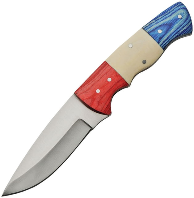 Pakistan 8in Fixed Blade Knife 3.75in Satin SS Blade Red Wood/White Bone/ Blue Wood Handle w/ Brown Leather Belt Sheath - Pakistan