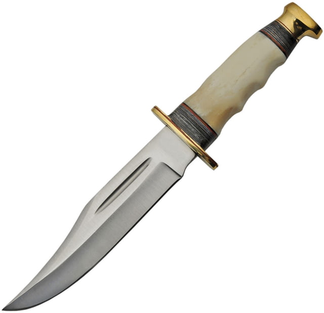 Pakistan Bowie Bone Handle Knife 6.25" satin finish stainless clip point blade Bone and black pakkawood finger grooved handle - Pakistan