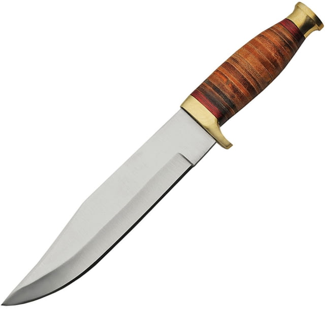 Pakistan Bowie Stacked Leather Fixed Blade Knife 12in Overall 7.5in Satin SS Clip Point Blade Stacked Leather Handle Brass Guard And Pommel Brown - Pakistan