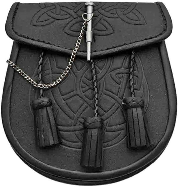 Pakistan Celtic Knot Sporran Measures 7 3/4in X 7 1/8in Overall Black Leather Pouch w/Celtic Knot Pattern Embossing Three Braided Leather Tassels - Pakistan