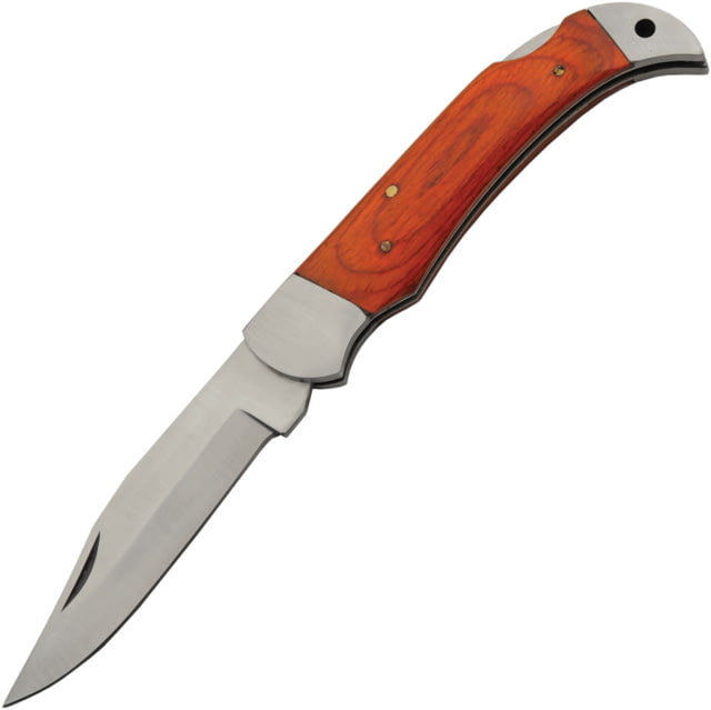 Pakistan Eagle Tail Folding Knife 5in Closed 4in Satin Stainless Clip Point Blade Orange Pakkawood Handle Brown Leather Belt Sheath - Pakistan