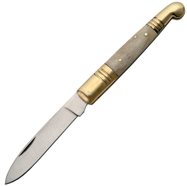 Pakistan Old Fashion Pocket Knife Old Fashion Knife 4.63in Closed 3.75in Satin SS Spear Blade Natural Smooth Bone Handle Brass Bolster Natural - Pakistan
