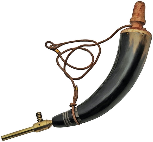 Pakistan Powder Horn Brass Tap 15in Overall 11in Powder Horn Length Brass Tap Leather Strap Black - Pakistan