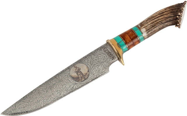 Paladin Fixed Blade Knife - Mountain Man Engraving 5in Stainless Steel Bowie Brown Crown Stag Handle