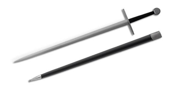 Paul Chen Tinker Bastard Sword 42 3/4in marquenched spring steel blade Black leather scabbard - Paul Chen