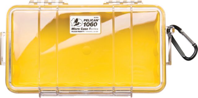 Pelican  Micro Water/Crushproof Dry Box 9.37x5.56x2.62in - Clear Yellow Liner w/Carabiner - Pelican