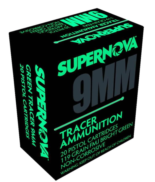 Supernova Green Tracer Non Corrosive 9mm Luger 119 Gr Full Metal Jacket FMJ 20 Per Box/ 10 Cs ernova Green Tracer Non Corrosive 9mm Luger 119 Gr Full Metal Jacket FMJ 20 Per Box/ 10 Cs Ammo