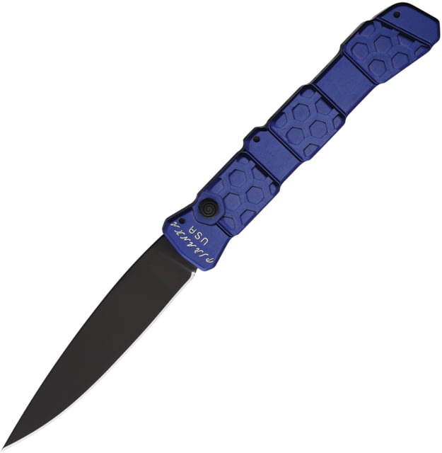Piranha Knives Auto 21 Automatic Folding Knife 3.375in CPM S30V Black DLC Spear Point Blade Blue Aluminum Handle