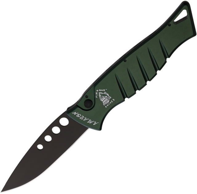 Piranha Knives Auto Amazon Automatic Folding Knife 3.25in 154CM Black Oxide Green Aluminum Handle