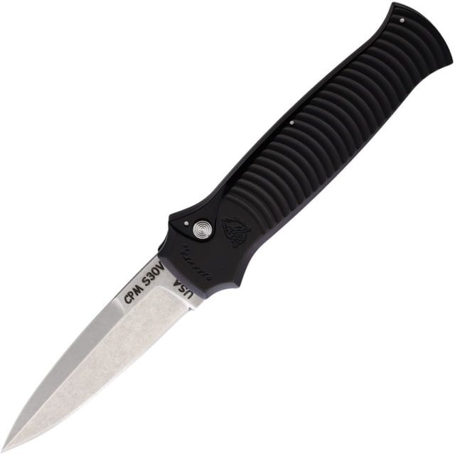 Piranha Knives Auto Bodyguard Automatic Folding Knife 3.25in CPM S30V Blade Stonewash Finish Black Sculpted Aluminum Handle - Piranha Knives