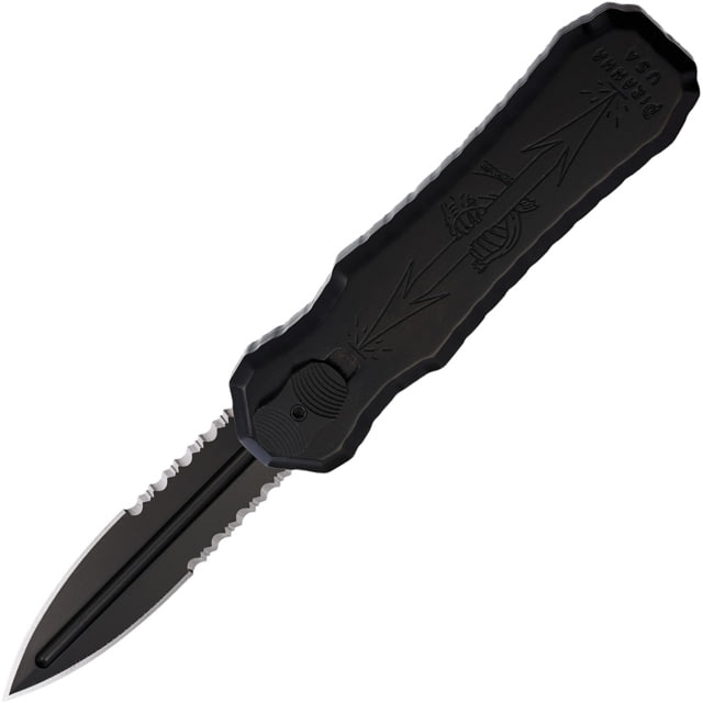 Piranha Knives Auto Excalibur Automatic Folding Knife 3.25in 154CM Dagger Double Edge Blade Partially Serrated Black DLC Black Aluminum Handle - Piranha Knives