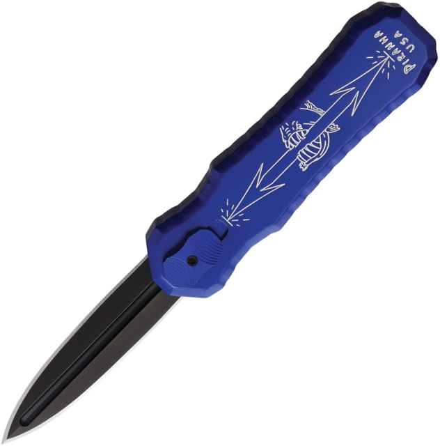 Piranha Knives Auto Excalibur Automatic Folding Knife 3.25in 154CM Double Edge Dagger Blade Black DLC Blue Aluminum Handle
