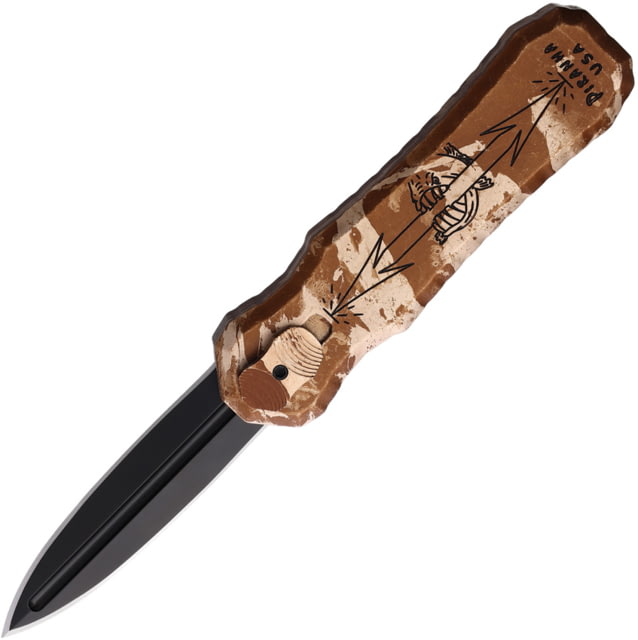 Piranha Knives Auto Excalibur Automatic Folding Knife 3.25in 154CM Double Edge Dagger Blade Black Oxide Camo Aluminum Handle