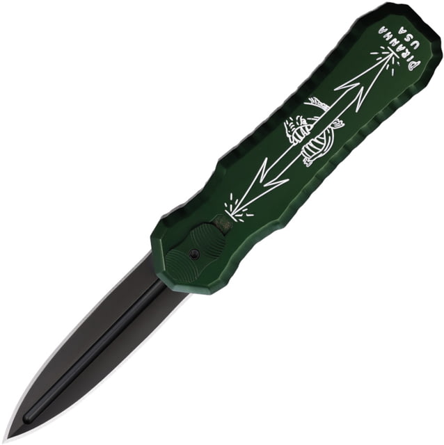 Piranha Knives Auto Excalibur Automatic Folding Knife 3.25in 154CM Double Edge Dagger Blade Black Oxide Green Aluminum Handle