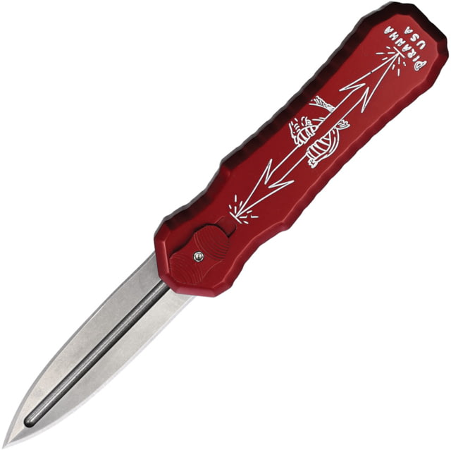 Piranha Knives Auto Excalibur Automatic Folding Knife 3.25in 154CM Double Edge Dagger Blade Stonewash Finish Red Aluminum Handle