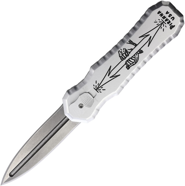Piranha Knives Auto Excalibur Automatic Folding Knife 3.25in 154CM Double Edge Dagger Blade Stonewash Finish Silver Aluminum Handle