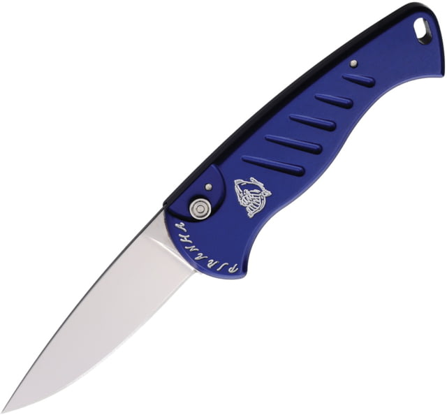 Piranha Knives Auto Fingerling Automatic Folding Knife 2.5in 154CM Plain Blade Mirror Finish Blue Aluminum Handle