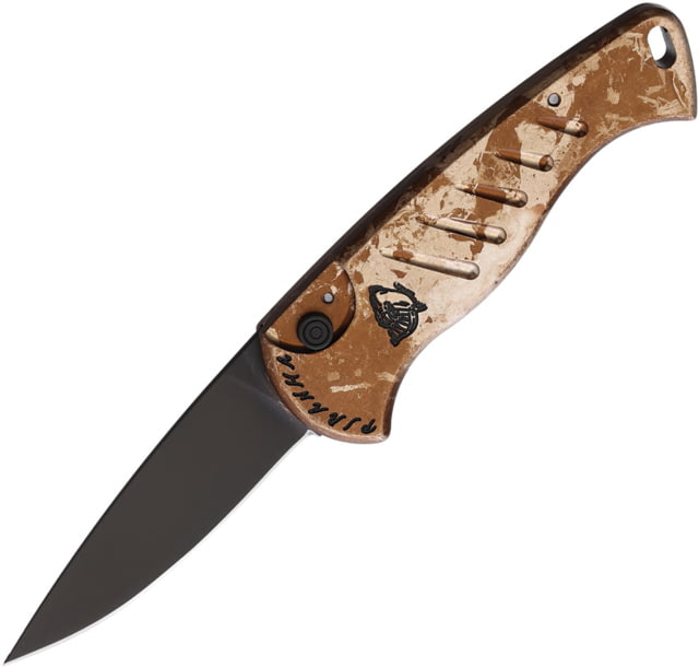 Piranha Knives Auto Fingerling Automatic Folding Knife 2.5in 154CM Plain Blade Black Oxide Tan Camo Aluminum Handle