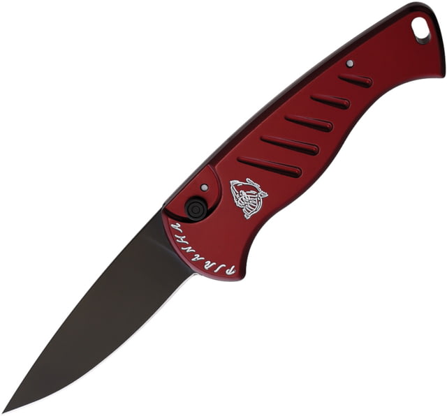 Piranha Knives Auto Fingerling Automatic Folding Knife 2.5in 154CM Plain Blade Black Oxide Red Aluminum Handle