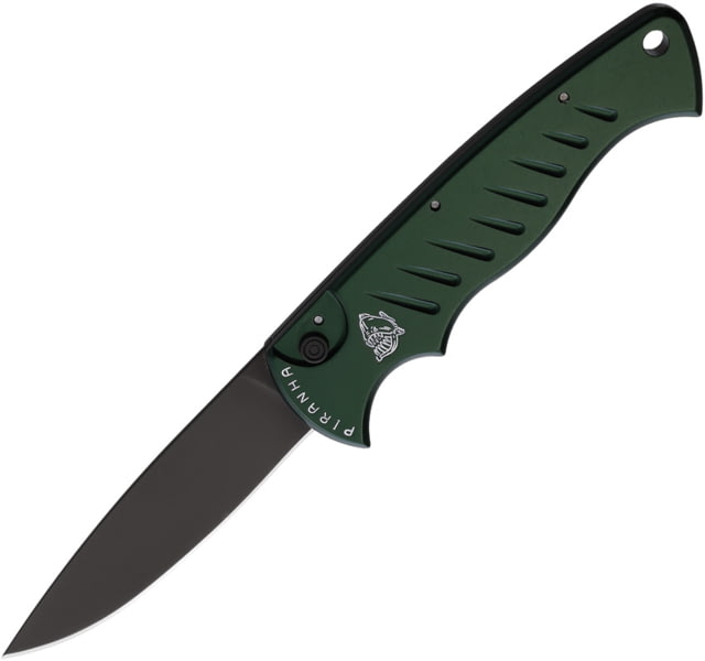Piranha Knives Auto Pocket Knife Automatic Folding Knife 3.25in 154CM Black Oxide Green Aluminum Handle
