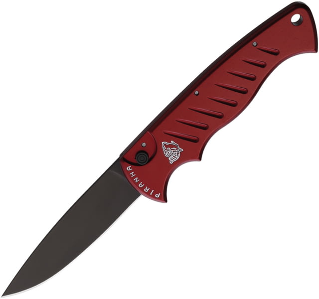 Piranha Knives Auto Pocket Knife Automatic Folding Knife 3.25in 154CM Black Oxide Red Aluminum Handle