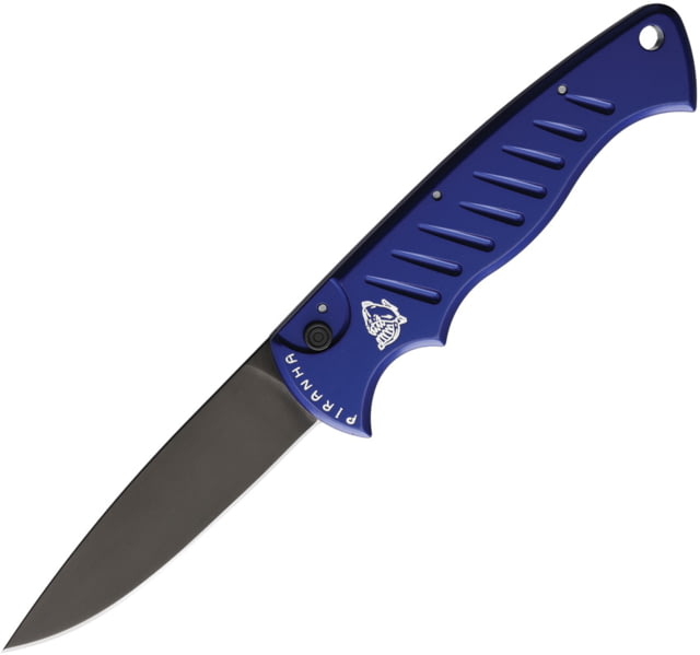 Piranha Knives Auto Pocket Knife Automatic Folding Knife 3.25in 154CM Black Oxide Blue Anodized Aluminum Handle - Piranha Knives