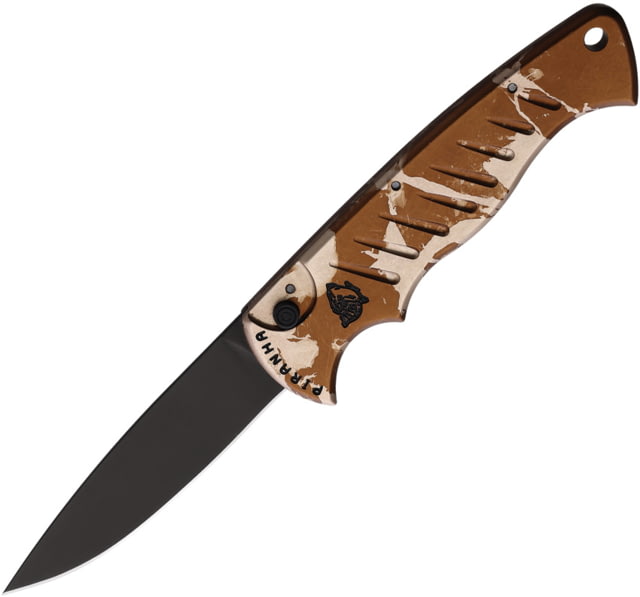 Piranha Knives Auto Pocket Knife Automatic Folding Knife 3.25in 154CM Black Oxide Tan Camo Aluminum Handle